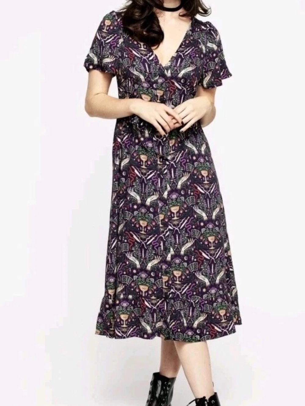NWT Disturbia Modern Mystic Purple Halloween Spooky V-Neck Midi Dress - Picture 1 of 6